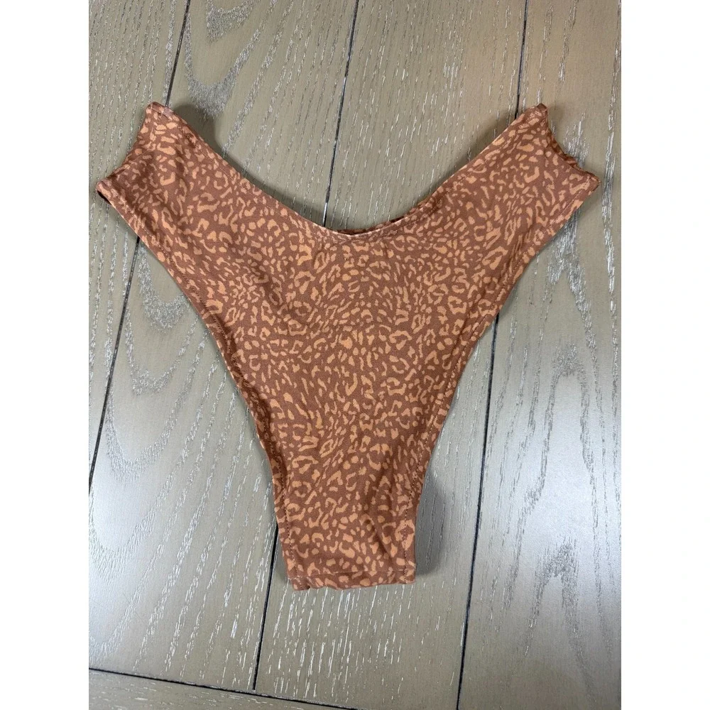 Stone Fox Swim Bikini Bottom Womens XS Brown Leopard‎ Print High Leg Cheeky NEW